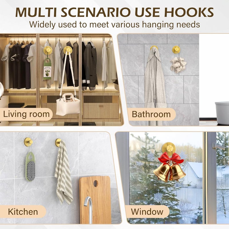 Ninth Five Shower Suction Cup Hooks, Heavy Duty Bathroom Wall Hooks for Towels, Robes, Loofahs, Removable Metal Hook for Tile Glass Mirror, No Drill(4 Pack, Gold) - Image 4